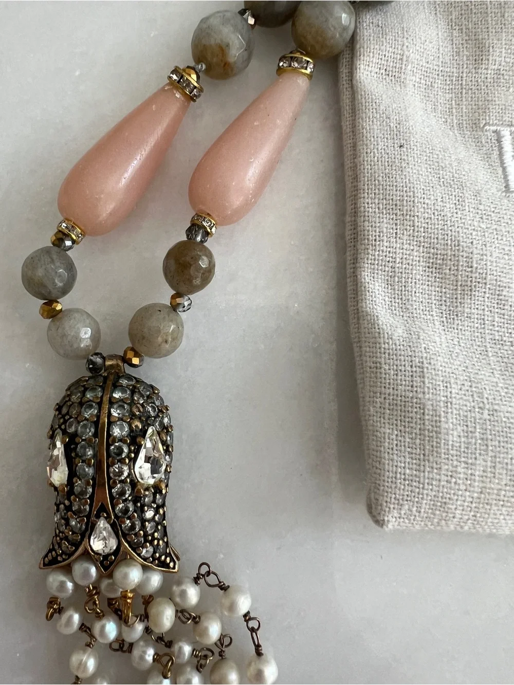 RARE ANTHROPOLOGIE BHLDN GRATZIA Pink & Gray Beaded Druzy Statement Necklace - Picture 7 of 8